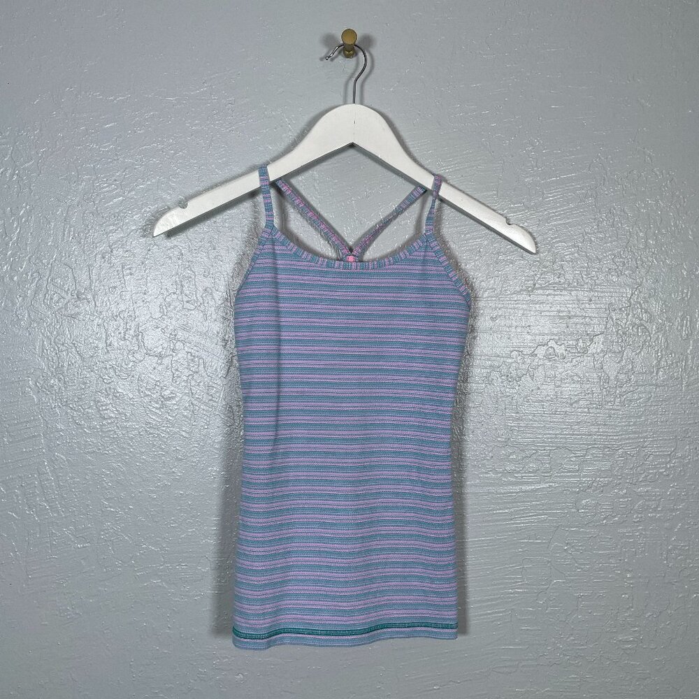 Ivivva Girl 10 Blue Pink Stripe Tank Racerback Shelf Bra Jacquard Athleisure